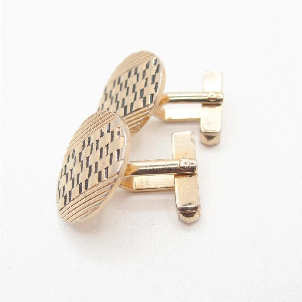 Vintage Swank Gold Tone Round Cufflinks Basketweave Textured Brick Mesh Retro